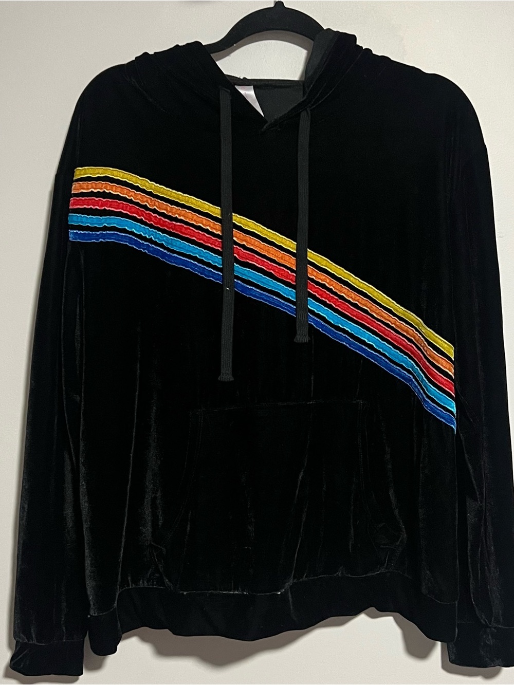 No Boundaries Black Crewneck Hoodie with Diagonal Rainbow Stripes